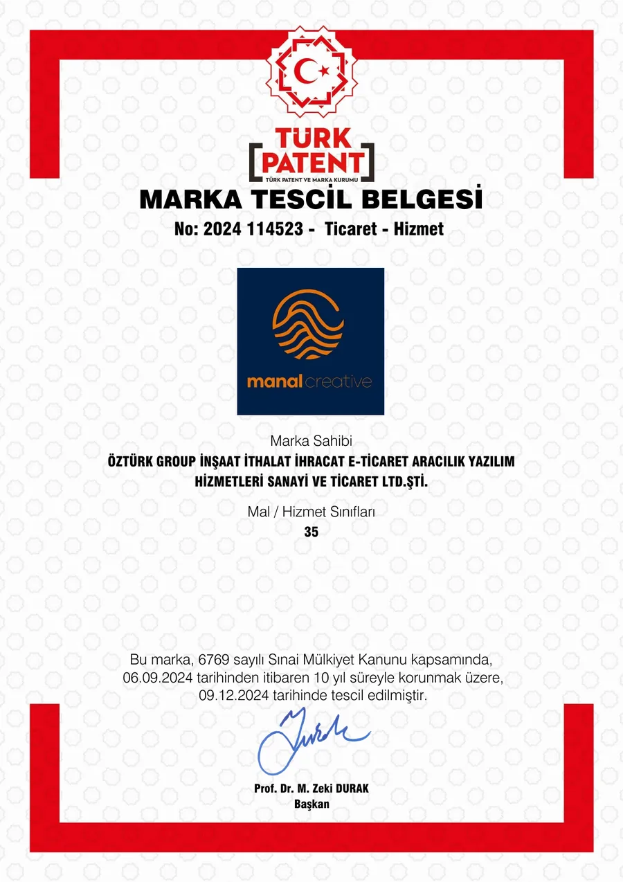 Manal Creative 35. sınıf marka tescil belgesi